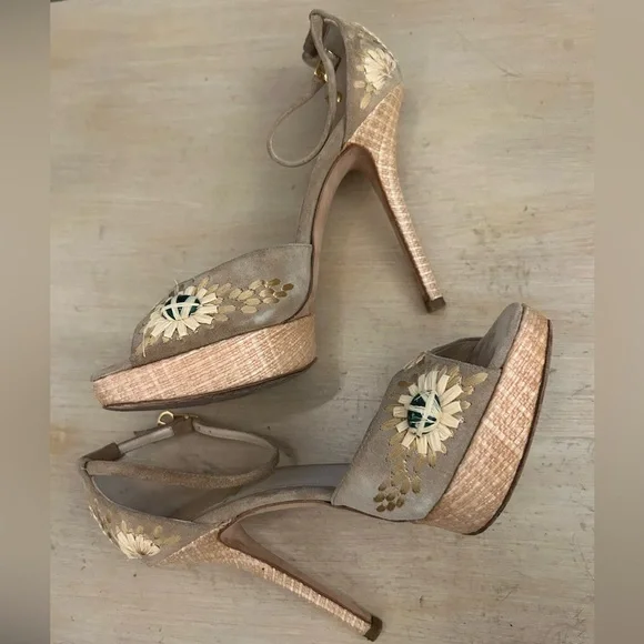 Dior Tan Floral High Heels Sz 38.5